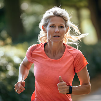 Woman running outdoors representing vibrant health and energy